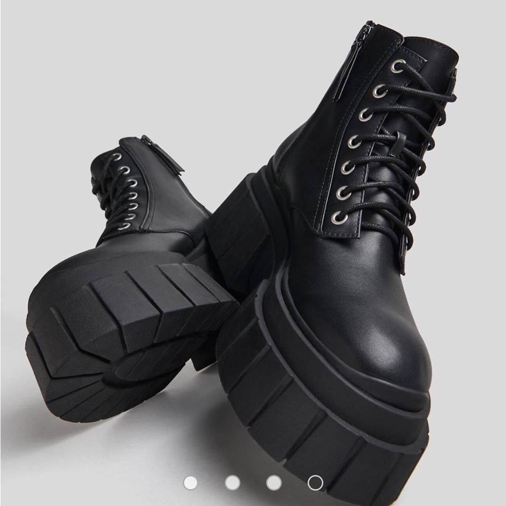 Bershka chunky lace up biker boot in black